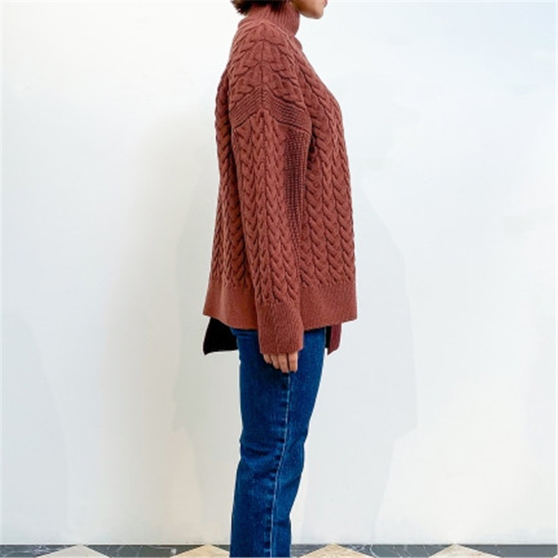 Women Knit Half High Collar Sweater Personality Minima List Hem Asymmetric Hit Color Ladies Pullover Loose Outer Wear Top 210515