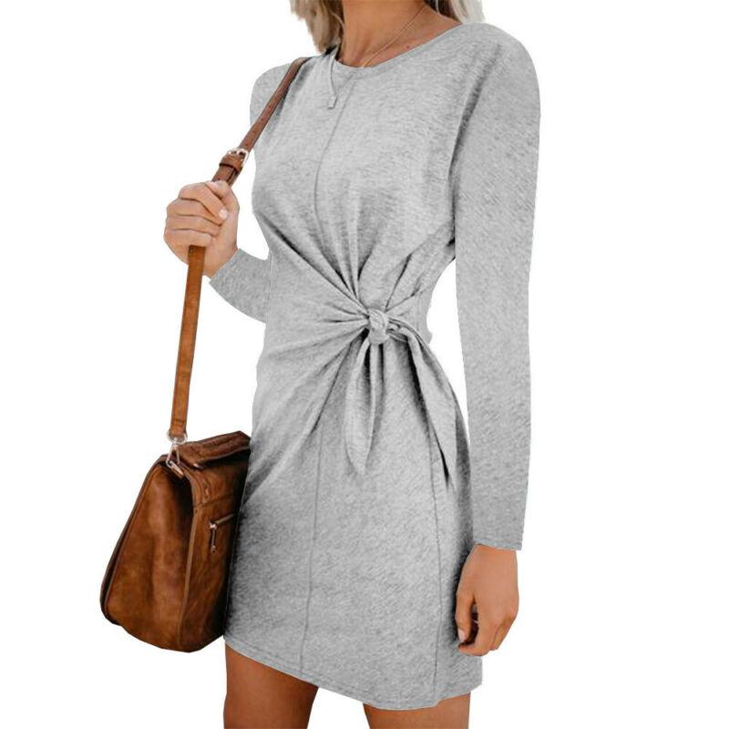 Fashion Women's Fall Winter Casual Mini Dress Sweatshirt Long Sleeve Crew Neck Lace-Up Solid Slim Tunic Top Shirt Office Dresses