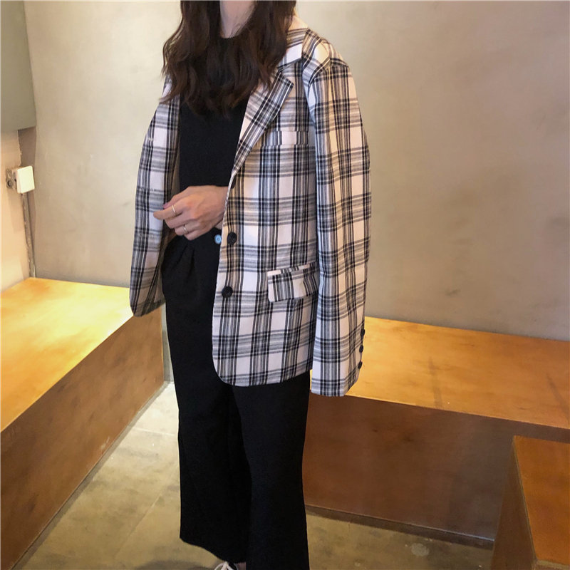 Retro Color-Hit Women Elegant Plaid Office Lady Pockets Geometric Loose High Street Sweet OL Fashion Blazers 210421