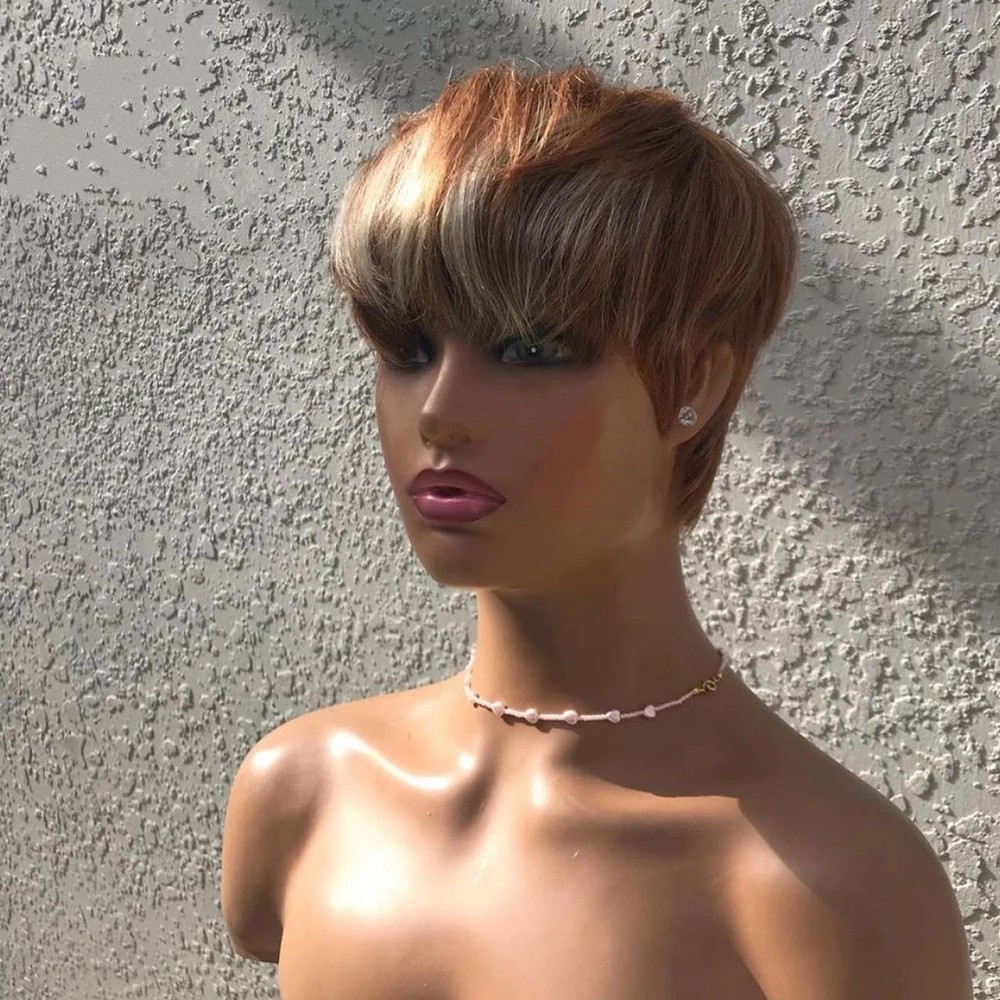 Ombre Blonde Short Bob Pixie Cut Human Hair Wig Full Machine Made Non Lace Front Wigs With Bangs For Women