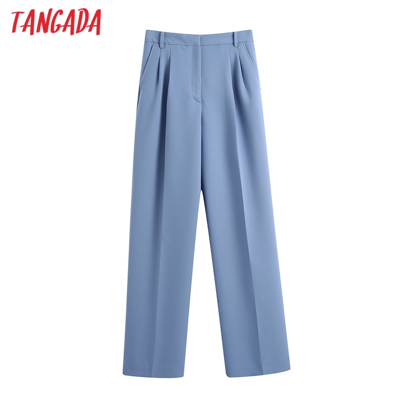 Fashion Women Blue Suit Trousers Pockets Buttons Office Lady Pants Pantalon BE322 210416