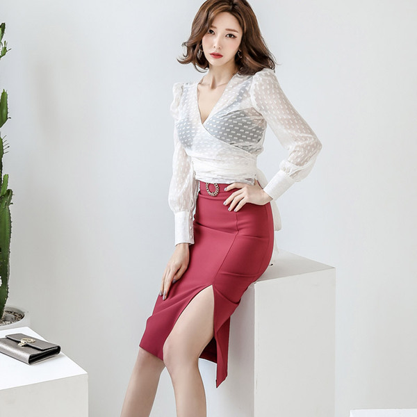 Elegant OL Style 2 Pieces Set V-Neck White Bow Chiffon Blouse & High Waist Pencil skirt Spring Office Ladies Women 210519