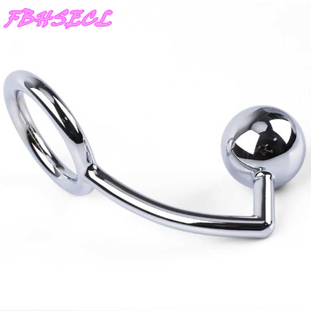 FBHSECL 40/45/50mm Metal Anal Hook with Penis Ring for male Anal Plug Penis Chastity Lock Fetish Cock Ring X0602