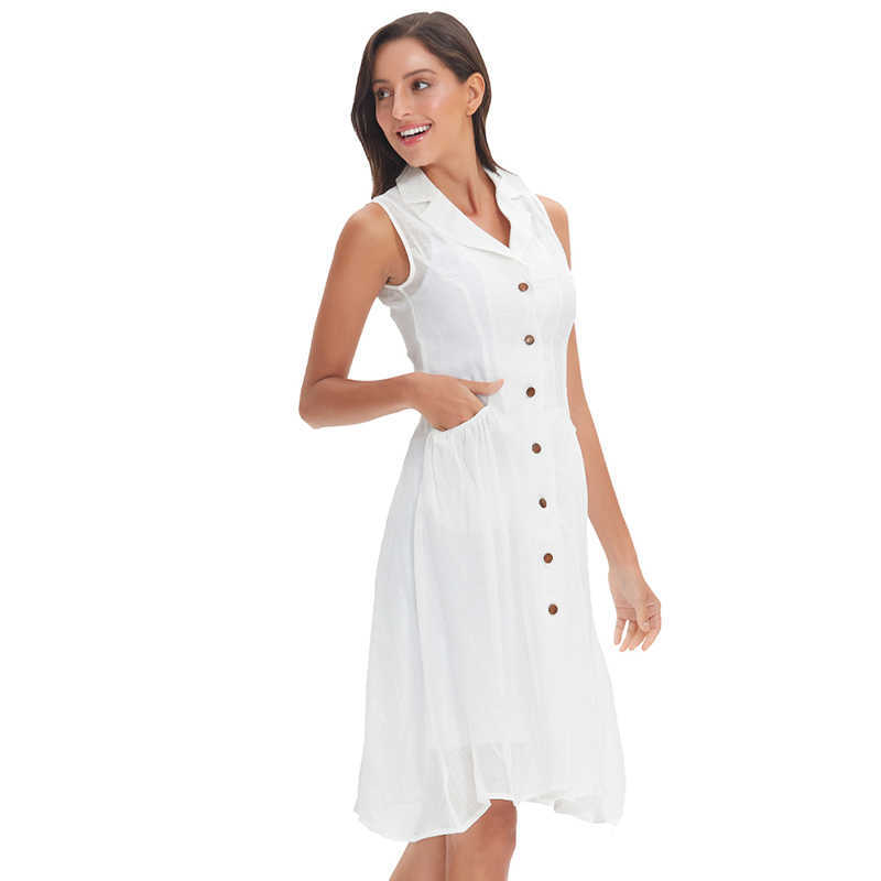 High quality line cotton lady elegant dress button up V-neck sleeveless button long white Summer dress with pocket A0987 210526