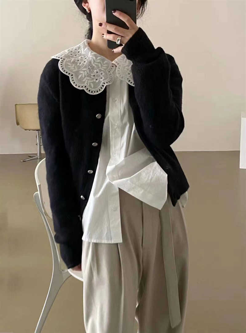 Spring Sweet Peter Pan Collar Lace Embroidered White Shirt Full Fashion Womens Tops 210615
