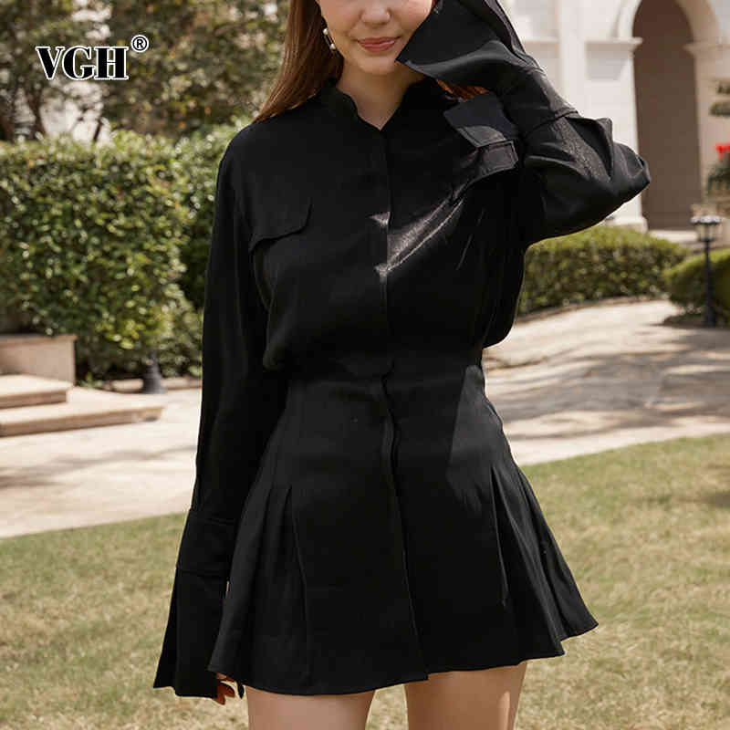VGH Black Harajuku Solid Dress For Women Color Lapel Collar Long Sleeve High Waist Dresses Female Spring New Clothing 210421