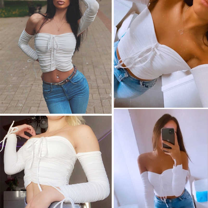 Aproms Coolest Off Shoulder Crop Tops Casual Ruched Pleated White T-shirt Women Short Sleeve Cropped Tshirt for Clothing 210720