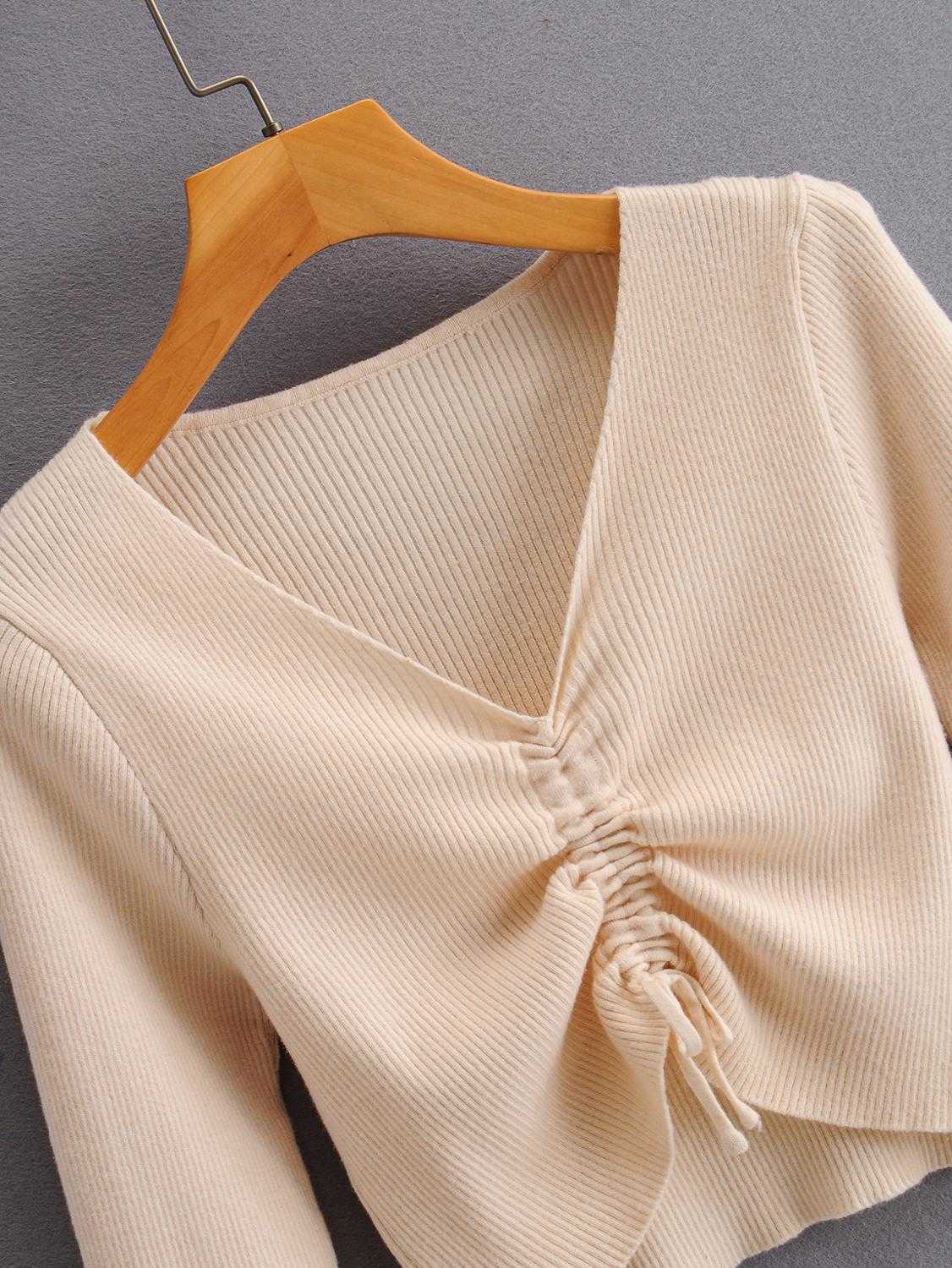 HSA Chic Drawstring Pleated Sweaters Women Autumn Ladies Knitted Long Sleeve Pullover Sexy V-neck Solid Casual Woman Jumper 210716