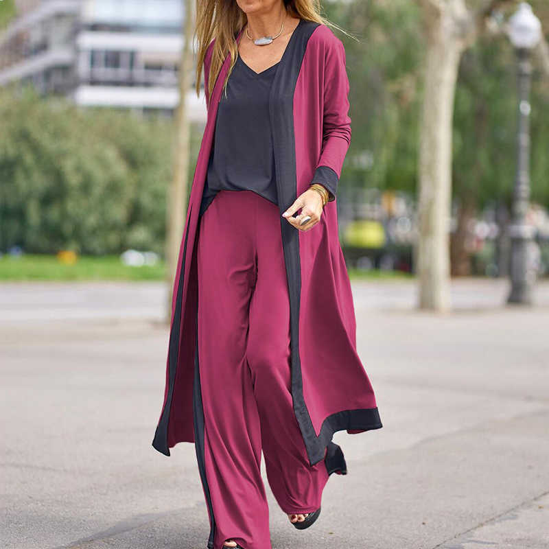 Casual Women Long Cardigan & Sling Tops Loose Pants Sets Elegant Patchwork Lady Outfits Suits Fashion Femme 3Pc Steetwear 210930