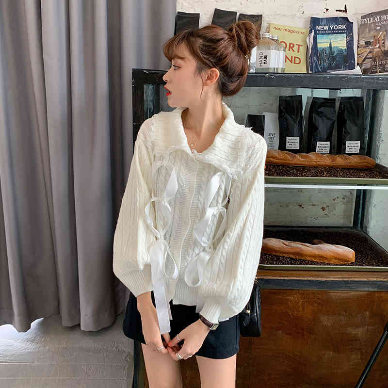 Korean style knitted Sweater Women Outwear autumn and Winter V Neck lace patchwork sweater cardigans womens coat (C9329) 210423