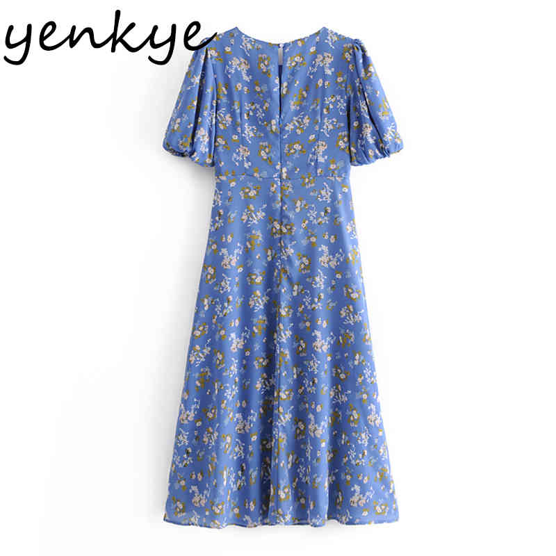 YENKYE Vintage Prairie Chic Floral Print Dress Women O Neck Short Sleeve A-line Holiday Long Dress Female Summer Chiffon Robe 210515