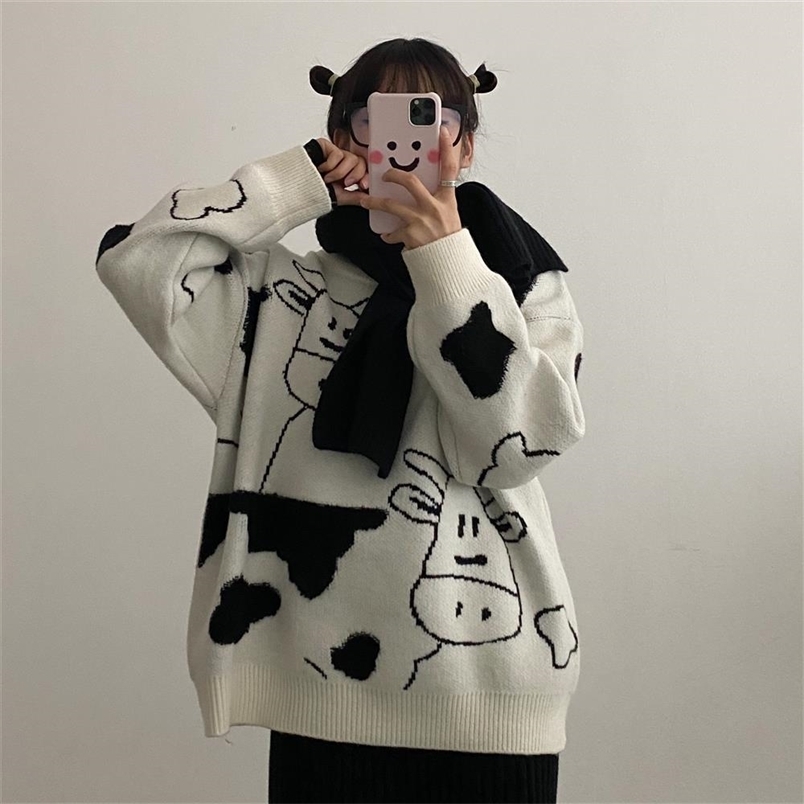 Vintage Casual Cow Print Sweater Women Winter O Neck Loose Lazy Femme Korean Harajuku Knitted Pullover Cute Sweet Jumper 210522