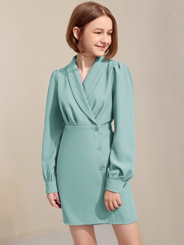 Teen Girls Shawl Collar Bishop Sleeve Dress SHE