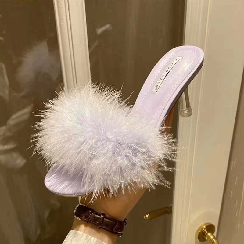 Elegant Fur Women Slides Slippers Open Toe Clear Thin High Heels Pumps Purple Sandals Dress Shoes Fashion Summer Slides Mules 210513