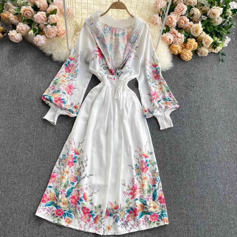 LoveFlowerLife Spring Autumn Vintage A Line Slim Print Dress Puff Sleeve O Neck Mid Calf High Waist Women Party Dresses 210521