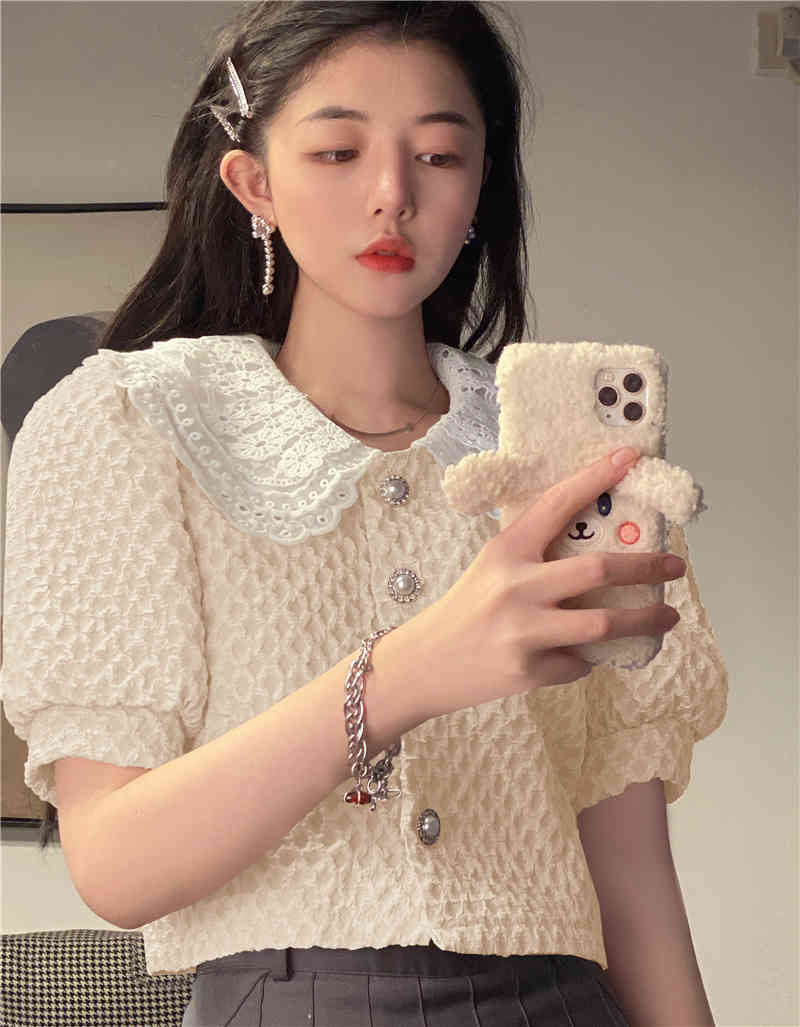 Sweet Pink Puff Short Sleeve Peter Pan Collar Patchwork Lace Shirts Women Summer Single-breasted Blouse Fashion Tops Chic 210429