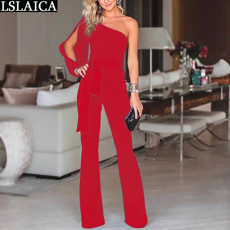 JUMPSUIT WOMAN Long Sleeve One Shoulder Hollow Out High Waist Summer Woman Jumpsuit Solid Color Party Club Romper Lady 210515