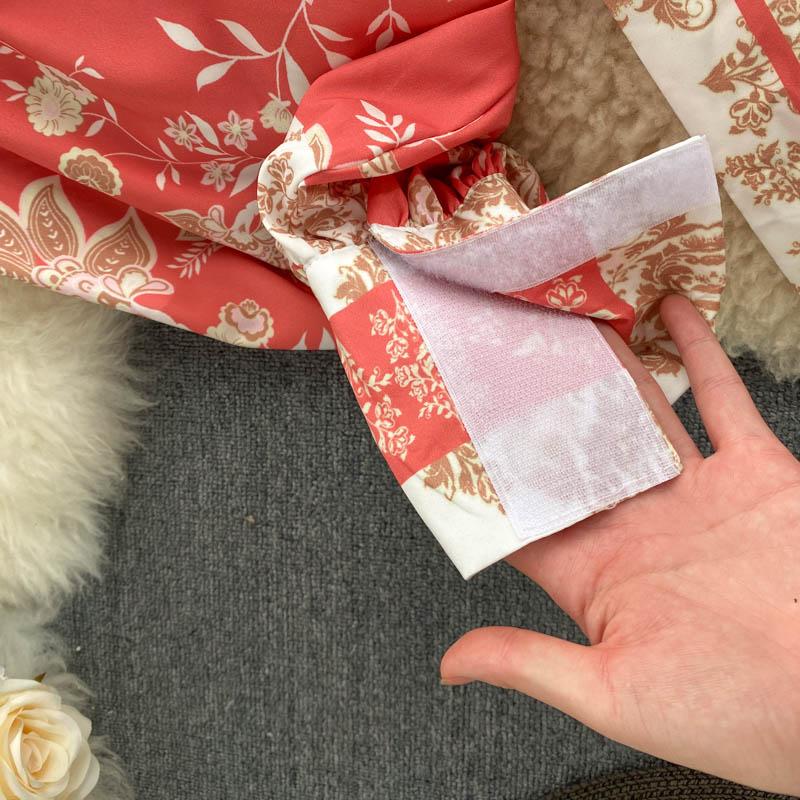 Women Stand Collar Lantern Sleeves Waistband Single-breasted Retro Printed Flowers Red Long Dress Ladies Casual Dresses