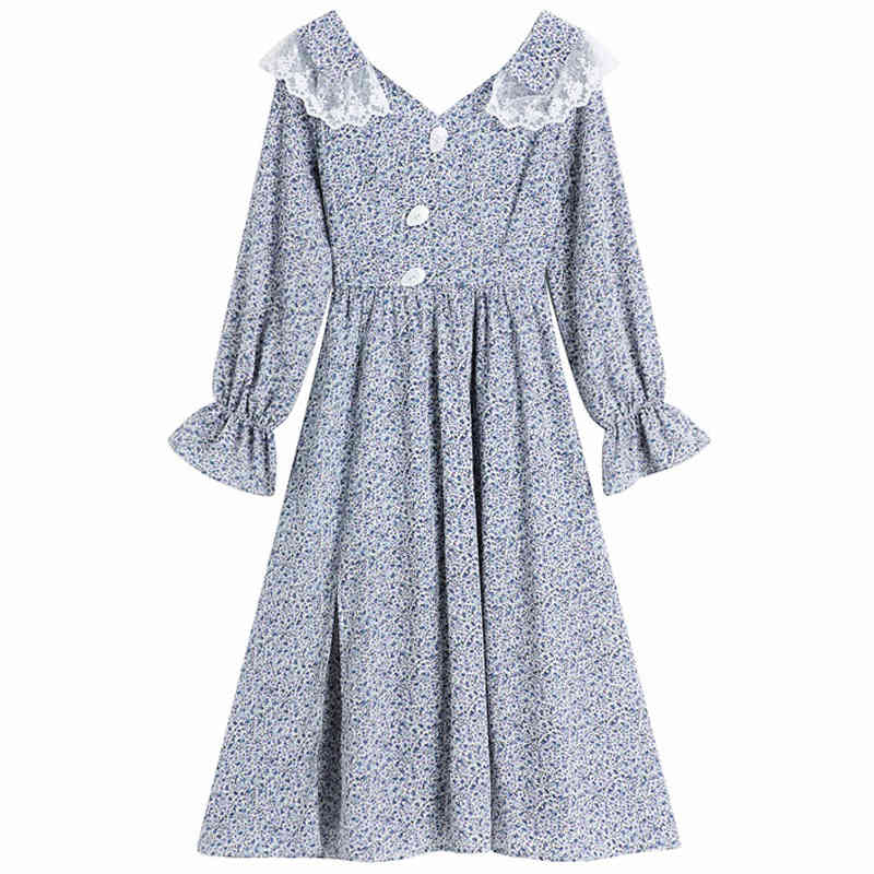 LFL Casual Flare Sleeve Single-breasted Female Floral Dress Side Split Vestidos Lace Patchwork V-neck Women A-line Dress 210521