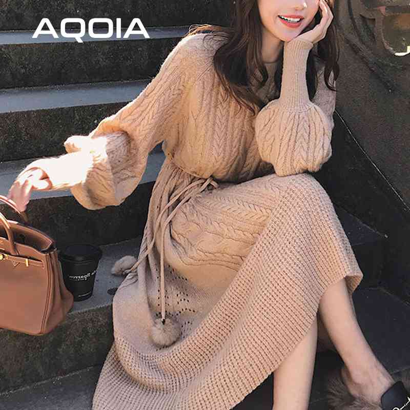 

Winter Slim Twist Sweater Dress Knitted Women  Pullover Long Sleeve Round Neck Pullovers Warm Knit 210521, Random color