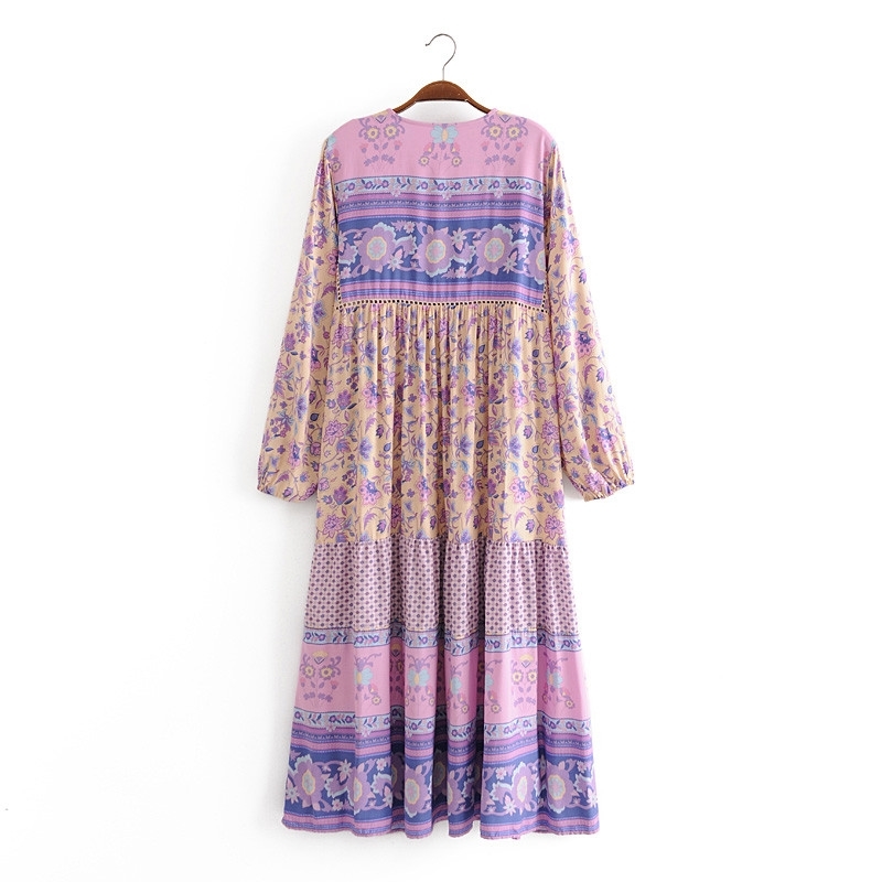 Summer Women's Boho Style Lace-Up Positioning Vintage Printing Long Sleeve Fringe Stitching Lace Dress 210514
