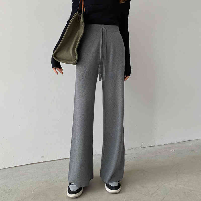 OL Elastic High Waist Wide Leg Knitted Pants Women Fashion Autumn Winter Bottoms Thick Warm Casual Loose Trousers 210421