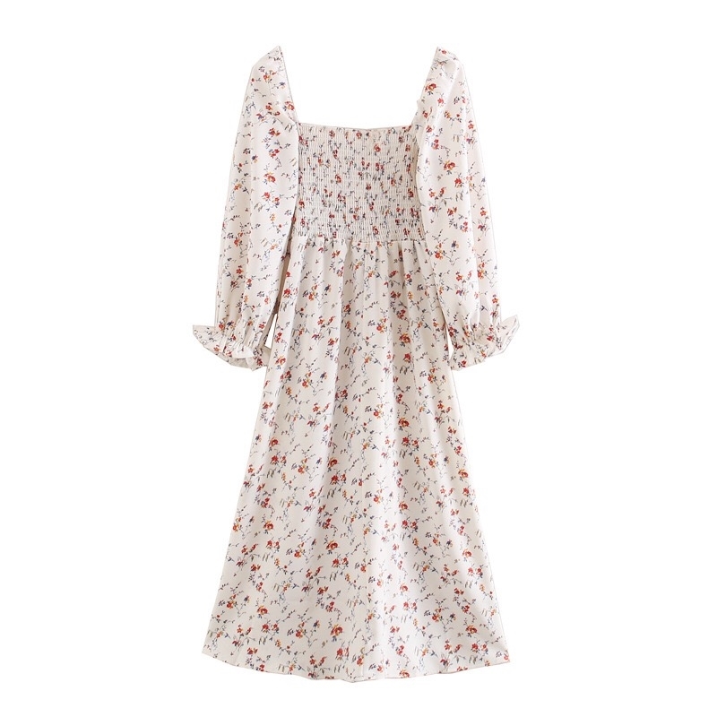 Spring Vintage France Style Floral Print Elastic Ruched Body Women Dress Sexy Long Sleeve Hem Slit Midi Dresses Holiday 210429