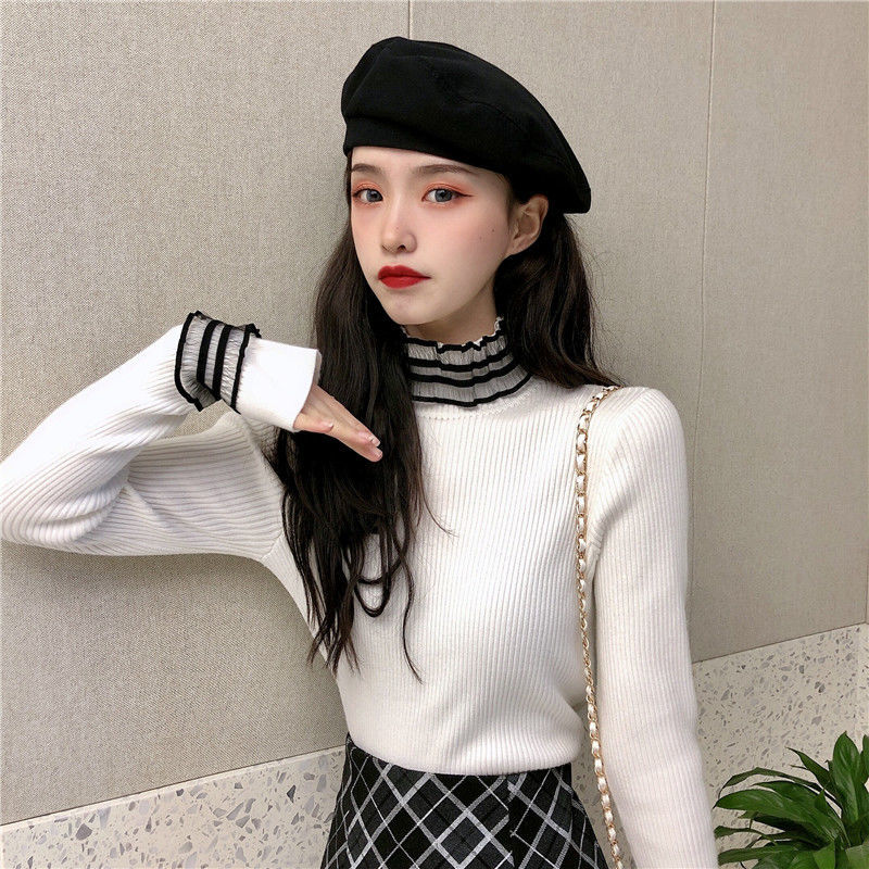 Spring And Autumn Top Korean White Long Sleeve Pullover Sweater Female Slim Western Bottoming 210427