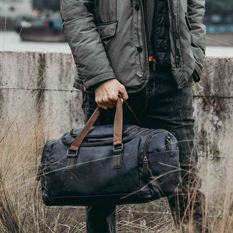 Vintage PU Leather Duffel Bag Outdoor Travel s with Multiple Compartments Men Waterproof Gym for Weekend Drop 211118