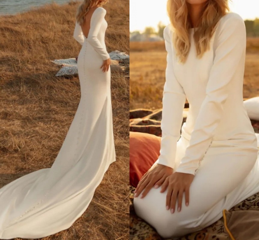 Simple Backless Mermaid Wedding Dresses Satin Long Sleeve Country Plus Size with Buttons Bridal Gown Vestidos De Novia Custom Made 2022 robe de mariag