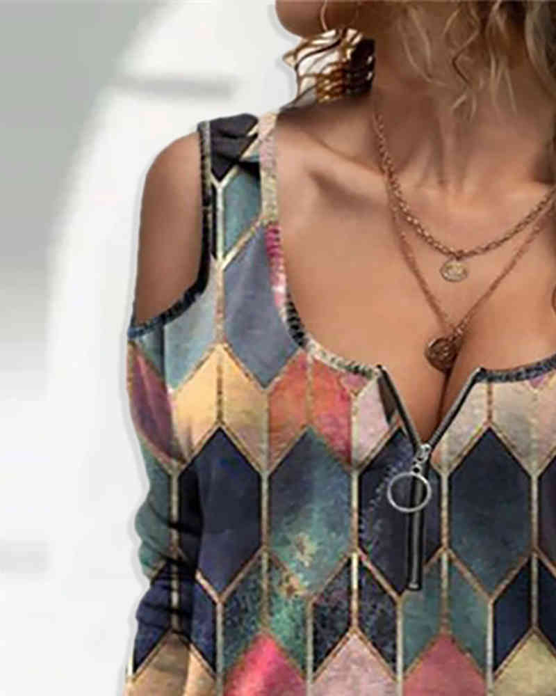 Spring Summer Women's Top Tee Plus Size Geo Print Colorblock Cold Shoulder Long Sleeve T-Shirt Femme Vintage Clothing New 210415