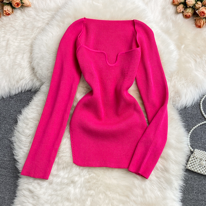 Autumn winter new design womens square collar long sleeve knitted candy color sweater tops jumper