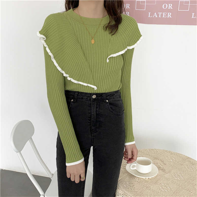 HziriP OL Basic Bottoming Knit Sweater Korean Style Flounced Stitching Pullover Sweaters Slim Warm Thick Knitted Tops 211018