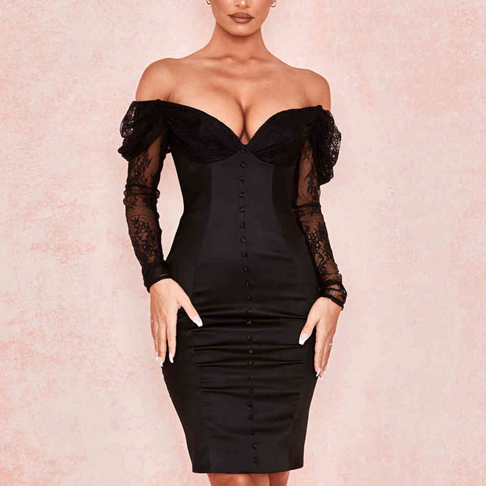 Summer OffShoulder Dress Women Sexy Black Long Sleeve Lace Elegant Bodycon Club Celebrity Runway Party Vestidos 210423
