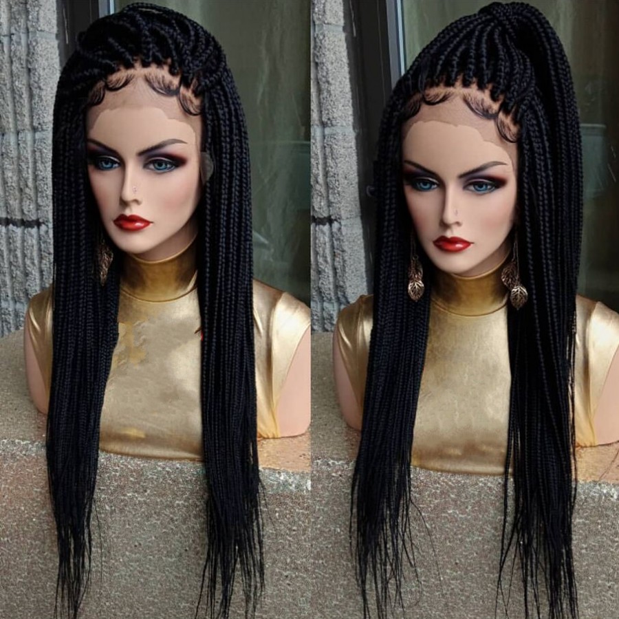 Perruque Long Braided Box Braids Synthetic Lace Front Wigs Black/brownColor Micro Braids Wig With Baby Hair Heat Resistant For Africa American Women