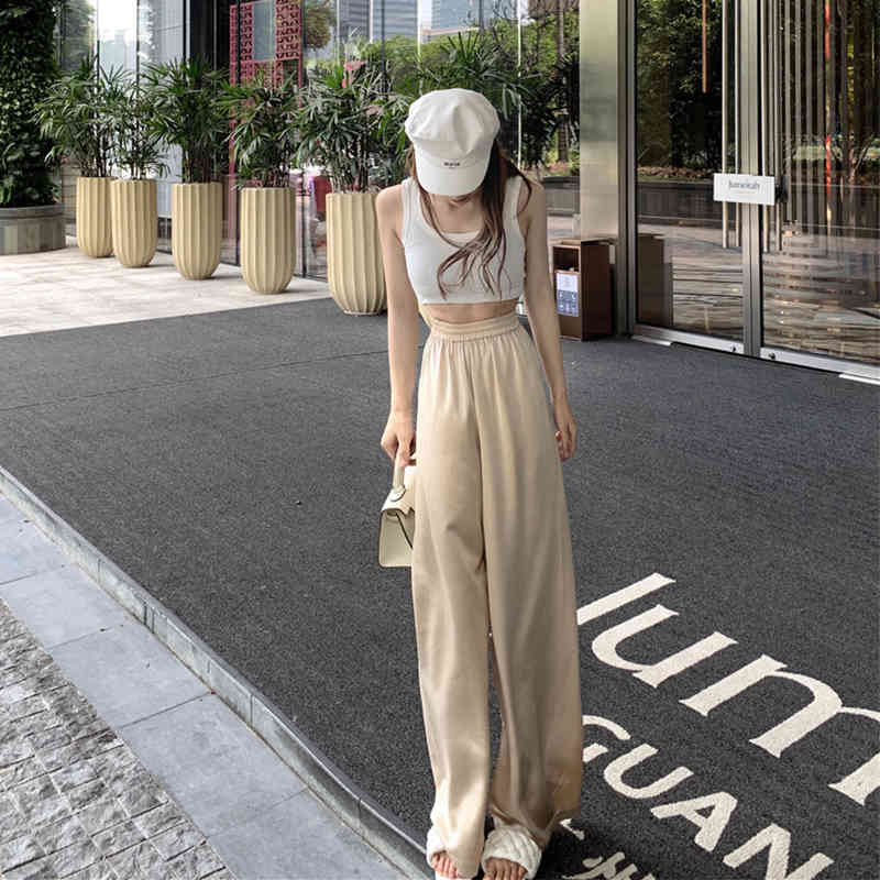 Pants & Capris Loose Casual Elastic High Waist Satin Wide Leg Pant Women Clothing Wild Streetwear Pantalones Mujer Fashion 210429