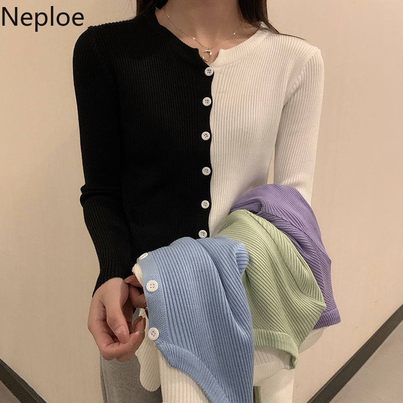Neploe Contrast Color Sweaters for Women Knitted Cropped Cardigan O-neck Long Sleeve Slim Sueter Coat Korean Chic Tops 210422