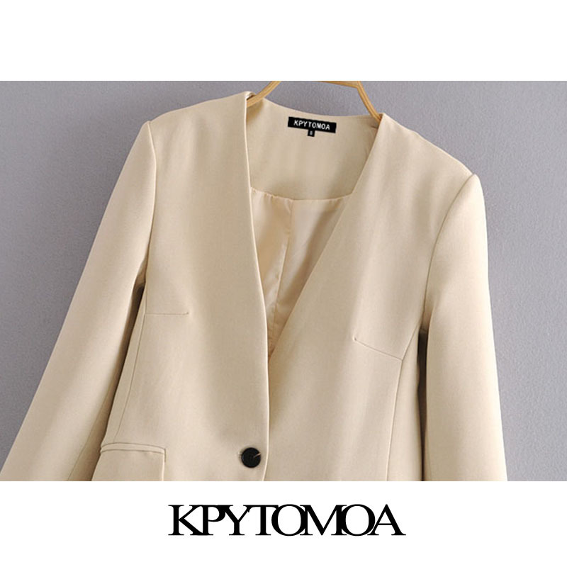 Women Fashion Office Wear Single Button Blazer Coat V Neck Long Sleeve Pockets Female Outerwear Chic Tops 210420