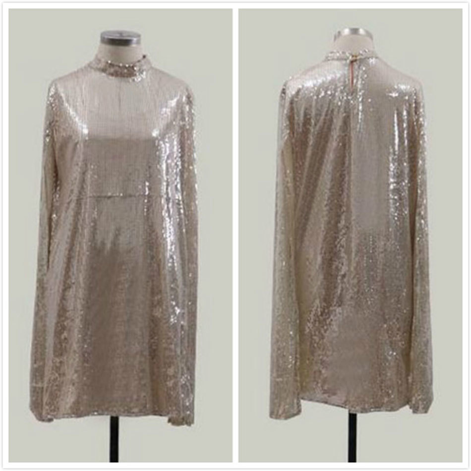 Free Shiny Sequin Dress Women Fashion Stand Collar Cape Sleeve A Line Mini Celebrity Club Party es 210524