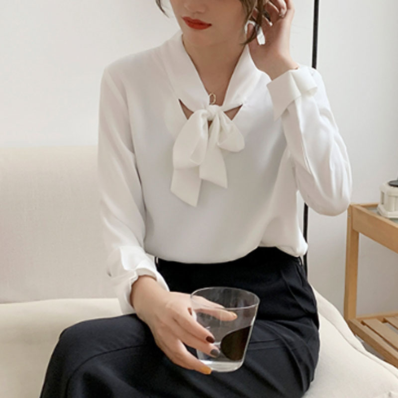 Fashion Women White Blouses Office Lady for Long Sleeve Bow Tops Casual V-neck Elegant Shirts 6073 50 210506