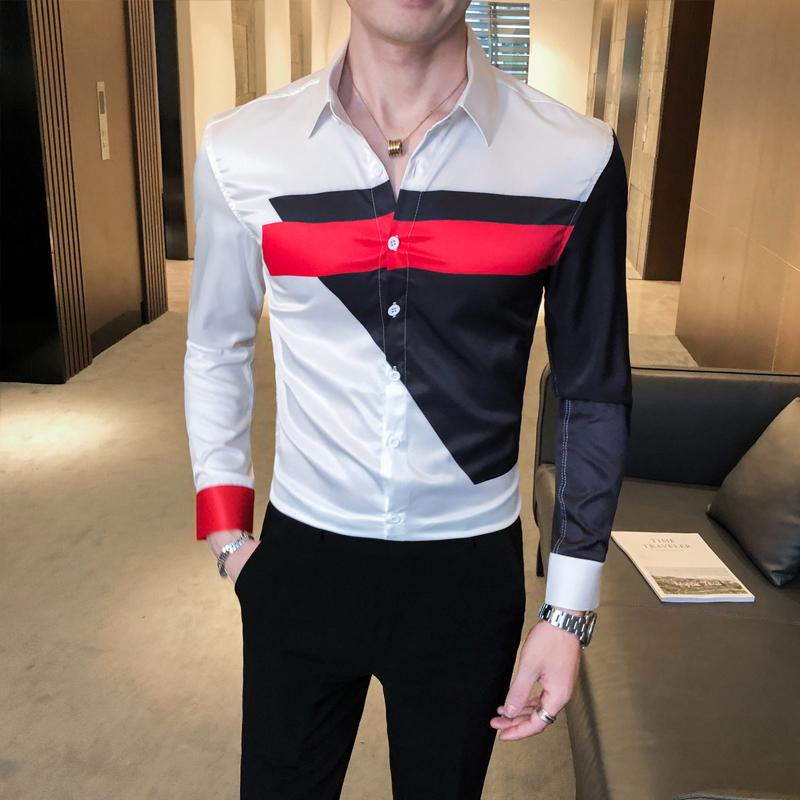 Social Guy Casual Slim Autumn Printing Embroidery Long-sleev Men's Fashion Temperament Inch Shirt Shirts