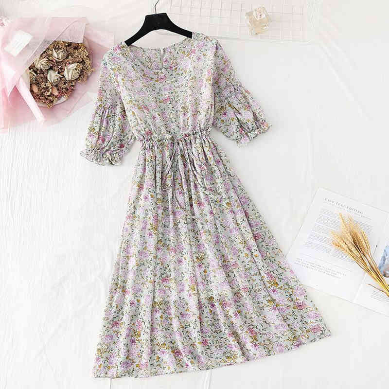 Women Floral Print Dress Summer Vintage Elastic Waist Chiffon Dresses Slim Short Sleeve Office A-line Dress Vestidos 210521
