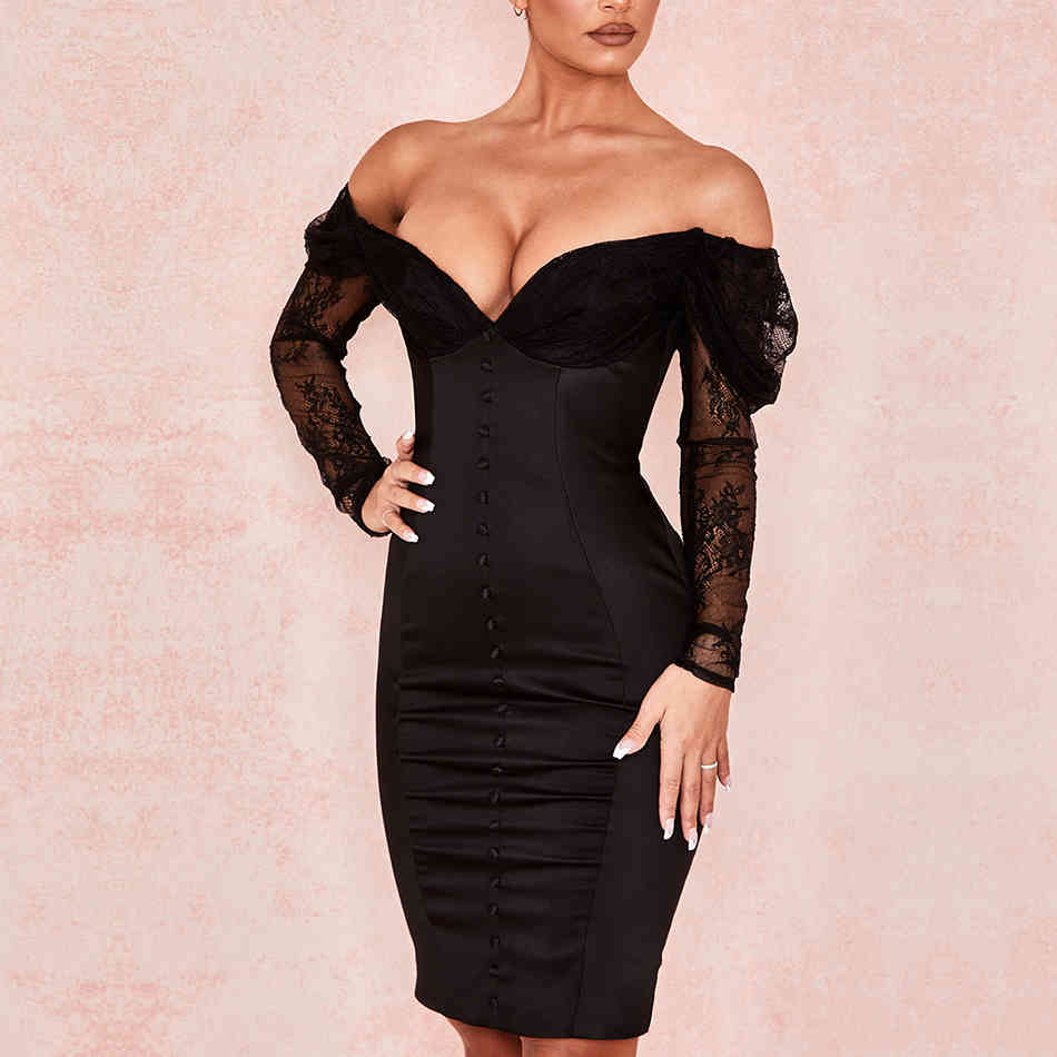 Summer OffShoulder Dress Women Sexy Black Long Sleeve Lace Elegant Bodycon Club Celebrity Runway Party Vestidos 210423