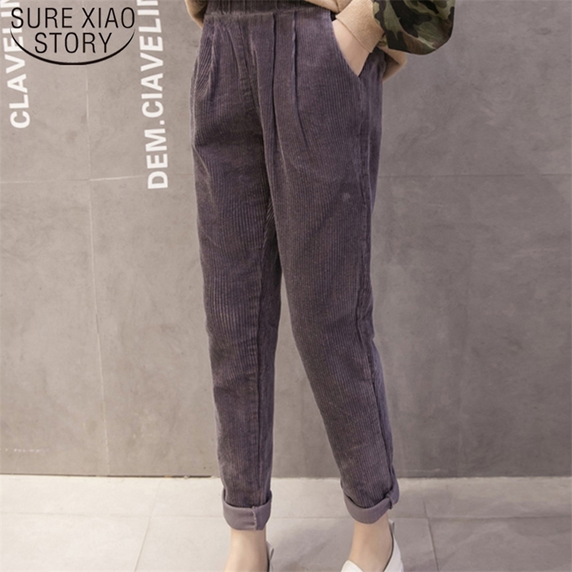 Casual Black Pink Trousers Plus Size Pants Women Corduroy Autumn Winter Korean Elastic Waist Harem 7287 50 210506