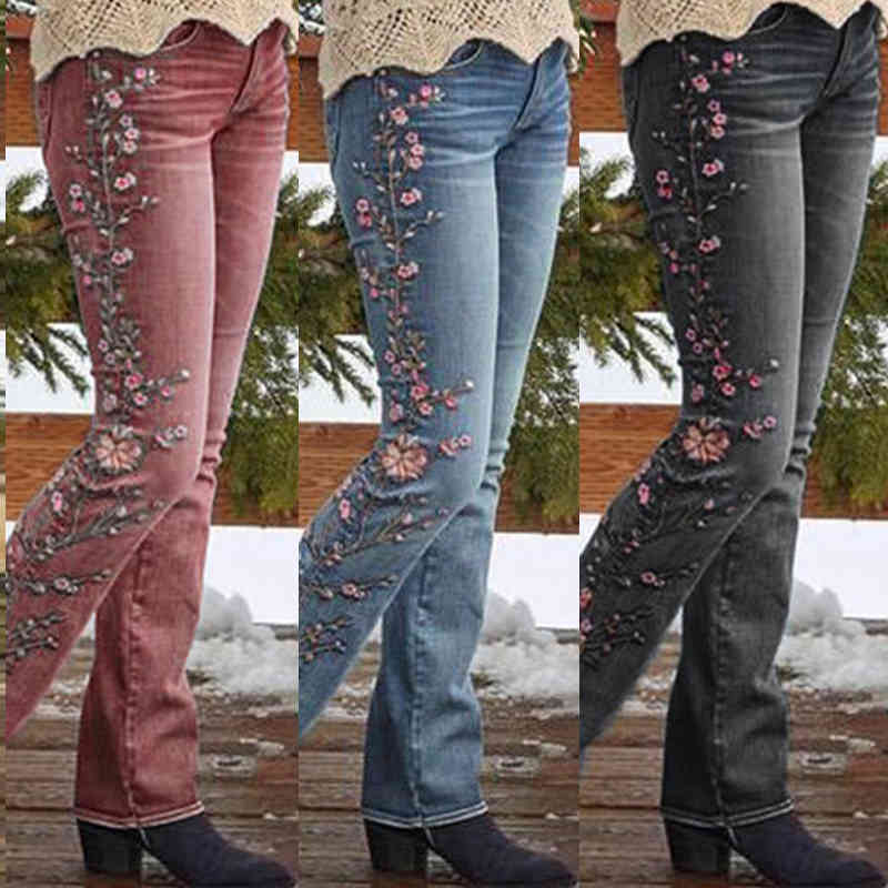 Long straight jeans women Fall high waist thin ladies pants wild-leg pants woman jeans printing pant women 210515