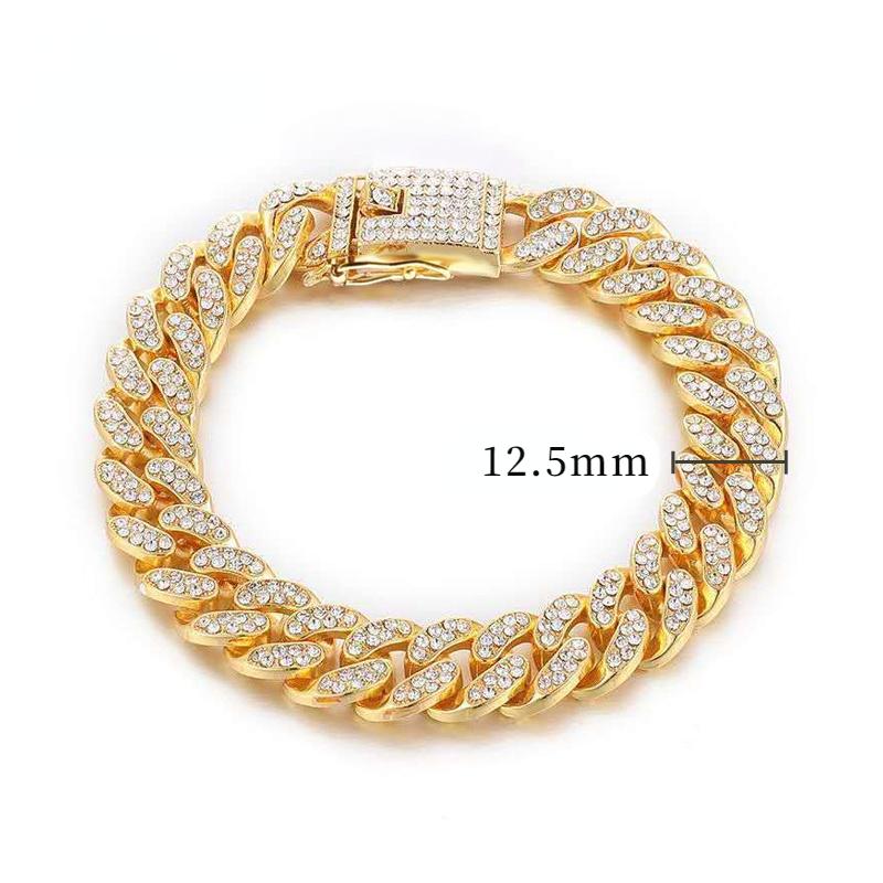 Dog Collars & Leashes Cuban Necklace Paved Rhinestones 12.5mm Width Chain Hip Hop Jewelry Gold Color Stainless Steel Material CZ Clasp Men