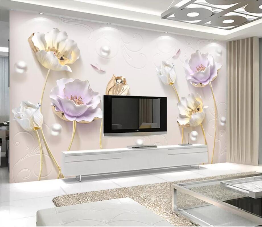 Custom wallpaper 3D photo mural embossed elegant new Chinese simple jewelry tulip sofa background wall paper 3d mural