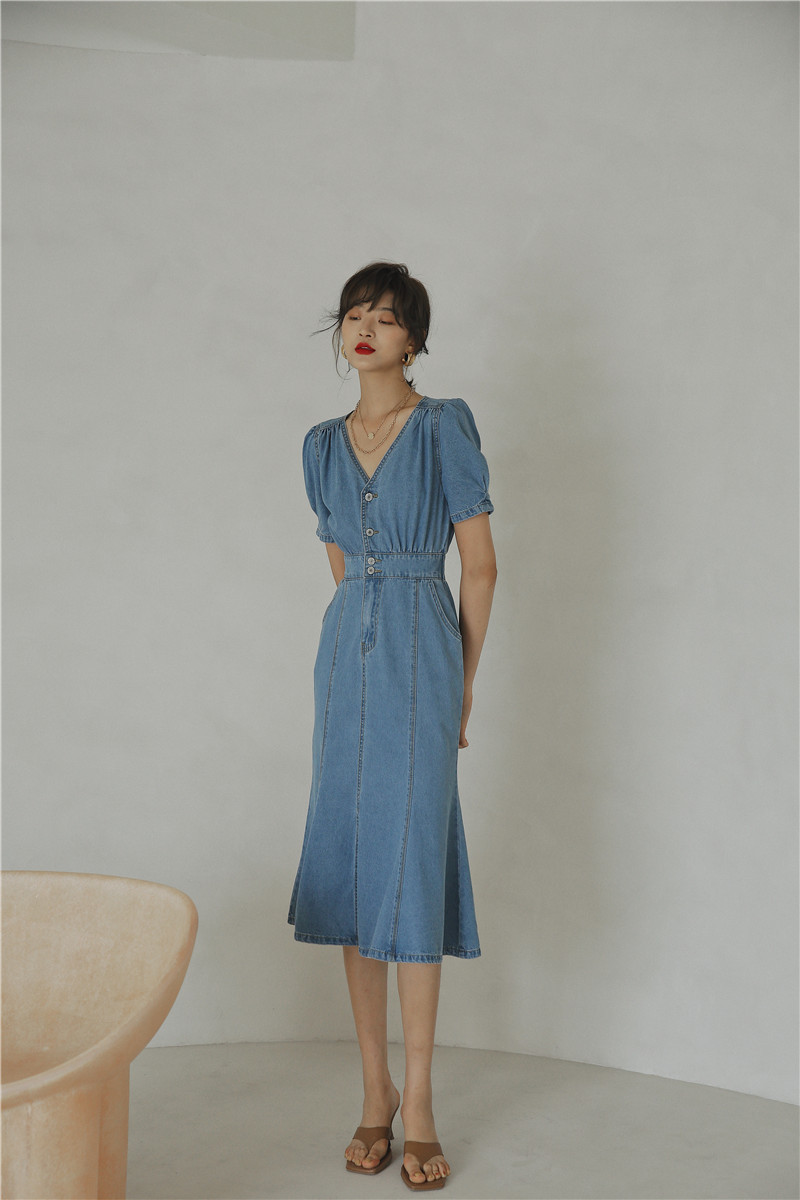Puff Sleeve Summer Denim Mermaid Dresses Women Short V Neck Tunic Ladies A Line Long Midi Blue Jean Dress 210427