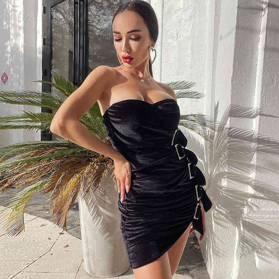 Free Women Sexy Velvet Dress Tube Top Sleeveless Diamond Button Bodycon Draped Halter Club Party Vestido 210524