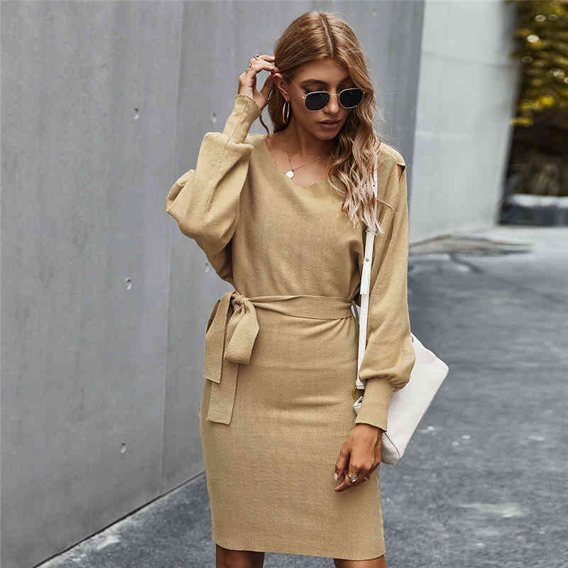Autumn Winter Bandage Knitted Dress Women Casual Solid Hip Dress For Women New Elegant 210413